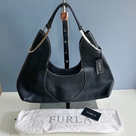 FURLA shoulder bag black baguette short top handle chrome hardware Lutetia‎ NWT - Picture 4 of 13